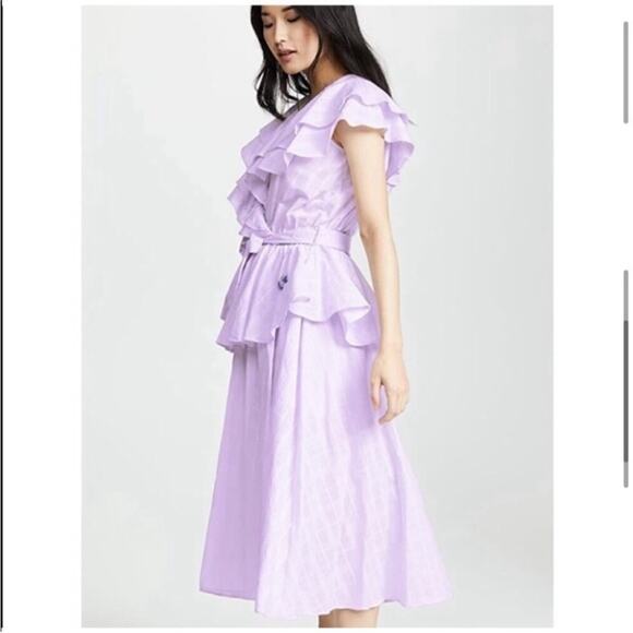 Innika Choo Lavender Pi Furlunche Wrap Ruffled Embroidered Linen Midi Dress - Picture 8 of 16